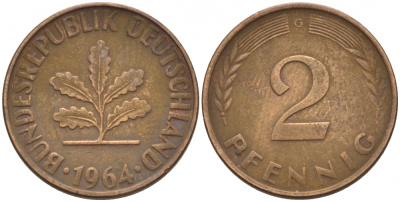 ФРГ 2 ПФЕННИГА 1964 G KM 106, J.381 бронза 4547-1139