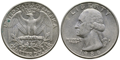 США 25 ЦЕНТОВ = КВОТЕР 1986 Р, ВАШИНГТОН KM А164а медь плакированная медно-никелем 4364-2245