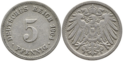 ГЕРМАНИЯ 5 ПФЕННИГОВ 1904 А, KM 11, J. 12 медно-никель 4387-749