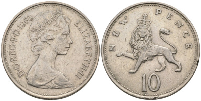 Великобритания 10 пенсов 1968 Елизавета II (1952-2022) KM 912, Spink 4231 (F1) медно-никель 4587-921