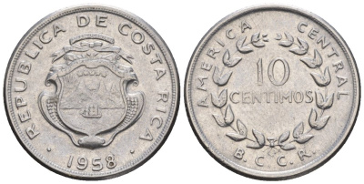 Коста-Рика 10 сентимо 1958 (1959) KM 185.1a, Schoen 34a нержавеющая сталь 4124-152