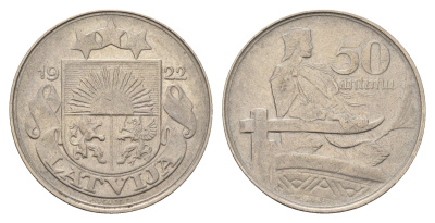Латвия 50 сантимов 1922 год-тип KM 6 никель 4652-1127