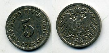 ГЕРМАНИЯ 5 ПФЕННИГОВ 1900 D, KM 11, J. 12 медно-никель 58-1122