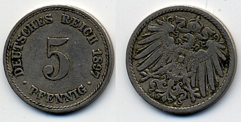 ГЕРМАНИЯ 5 ПФЕННИГОВ 1897 A, KM 11, J. 12 медно-никель 53-113
