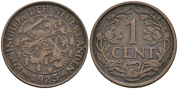 Нидерланды 1 цент 1925 Вильгельмина (1890-1948) KM 152 бронза 4576-734