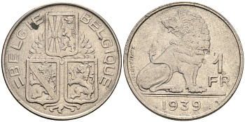 Бельгия 1 франк 1939 Belgie-Belgique, ЛЕОПОЛЬД III (1934-1950) KM 117.1 никель 4573-723
