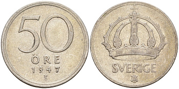 Швеция 50 эре 1947 TS, Густав V (1907-1950) KM 817 серебро 4148-856