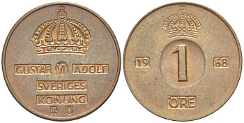 Швеция 1 эре 1968 U, Густав VI Адольф (1950-1973) KM 820 бронза 4516-429