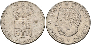 Швеция 1 крона 1969 U, Густав VI Адольф (1950-1973) KM 826a медь плакированный медно-никелем 4150-245
