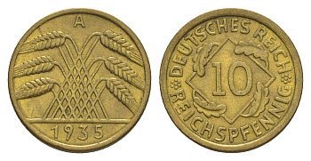 Германия 10 рейхспфеннигов 1935 A KM 40, J. 317 алюминиевая бронза UNC 4615-151