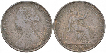 Великобритания 1/2 пенни 1860 Виктория (1837-1901), зубчатая кайма KM 748.2, Spink 3956 бронза 77-424