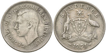 Австралия 6 пенсов 1951 Георг V (1936-1952) KM 45 серебро 4623-242