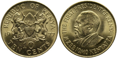 Кения 10 центов 1977 Джомо Кениата KM 11 никель латунь 4542-626