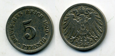 ГЕРМАНИЯ 5 ПФЕННИГОВ 1900 D, KM 11, J. 12 медно-никель 58-1122