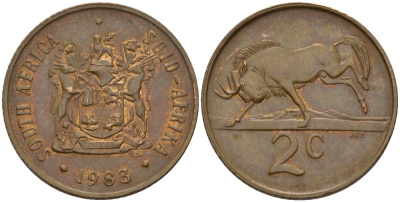ЮАР 2 цента 1983 герб, антилопа гну KM 83 бронза 67-344