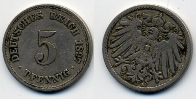 ГЕРМАНИЯ 5 ПФЕННИГОВ 1897 A, KM 11, J. 12 медно-никель 53-113