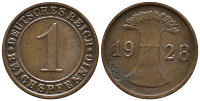 ГЕРМАНИЯ 1 РЕЙХСПФЕННИГ 1928 F KM 37, J. 313 бронза 39-967