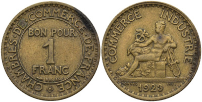 Франция 1 франк 1923 KM 876, Le Franc 218.5 алюминиевая бронза 4142-733