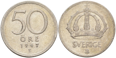 Швеция 50 эре 1947 TS, Густав V (1907-1950) KM 817 серебро 4148-856