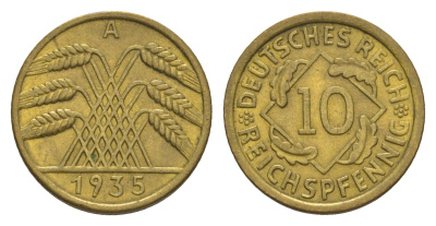 Германия 10 рейхспфеннигов 1935 A KM 40, J. 317 алюминиевая бронза UNC 4615-151