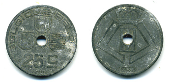 БЕЛЬГИЯ 25 САНТИМОВ 1943 BELGIQUE - BELGIE, ГЕРМАНСКАЯ ОККУПАЦИЯ, ВТОРАЯ МИРОВАЯ ВОЙНА KM 131 цинк 86-1235