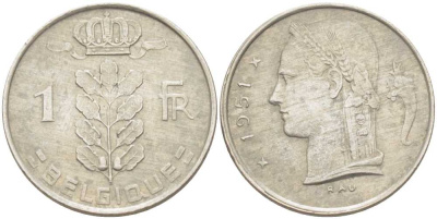 БЕЛЬГИЯ 1 ФРАНК 1951 BELGIQUE, БОДУЭН I (1951-1993) KM 142.1 медно-никель 213-454