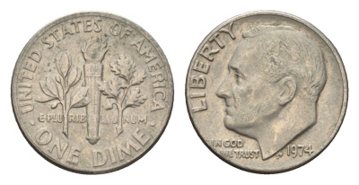 США 10 центов (дайм) 1974 Рузвельт KM 195a медь плакированная медно-никелем 4674-544