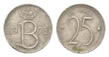 Бельгия 25 сантимов 1973 Belgique, Бодуэн I (1951-1993) KM 153 медно-никель 4705-342