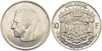 Бельгия 10 франков 1972 Belgique, Бодуэн I (1951-1993) KM 155.1 никель 115-715