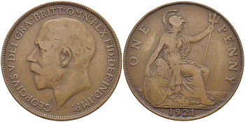 Великобритания 1 пенни 1921 Георг V (1910-1936) KM 810, Spink 4051 бронза 115-221