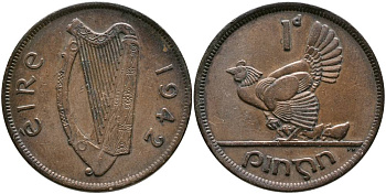 ИРЛАНДИЯ 1 ПЕННИ 1942 КУРИЦА С ЦЫПЛЯТАМИ KM 11 бронза 4531-642