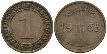Германия 1 рейхспфенниг 1935 A KM 37, J. 313 бронза 4189-1264