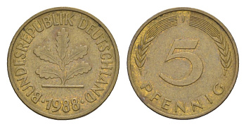 ФРГ 5 пфеннигов 1988 J KM 107, J. 382 сталь плакированная латунью 4630-1248