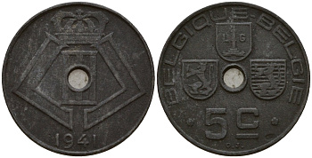 Бельгия 5 сантимов 1941 Belgique - Belgie, Леопольд III (1934-1947), германская оккупация, Вторая мировая война KM 123 цинк 4160-1118