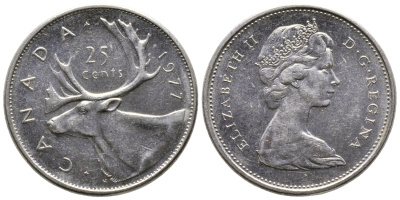 Канада 25 центов 1977 Елизавета II (1952-2022), олень карибу KM 62b никель 4364-2023