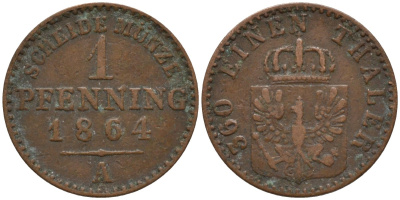 Пруссия 1 пфенниг 1864 А, Вильгельм I (1861-1888) KM 480 медь 4532-437