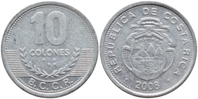 КОСТА-РИКА 10 КОЛОН 2008 B.C.C.R. KM 228b алюминий 51-2444