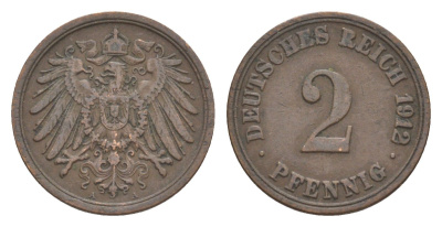 Германия 2 пфеннига 1912 A, Вильгельм II (1888-1918) KM 16, J. 11, Weege 4 медь 4639-1219