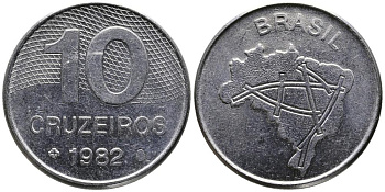 Бразилия 10 крузейро 1982 карта Бразилии KM 592.1 нержавеющая сталь 3336-851