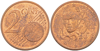 Франция 2 евроцента 2006 KM 1283 сталь плакированная медью 216-1213