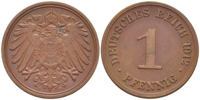 ГЕРМАНИЯ 1 ПФЕННИГ 1912 D KM 10, J. 10, Weege 2 медь 211-457