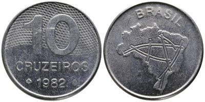 Бразилия 10 крузейро 1982 карта Бразилии KM 592.1 нержавеющая сталь 3336-851