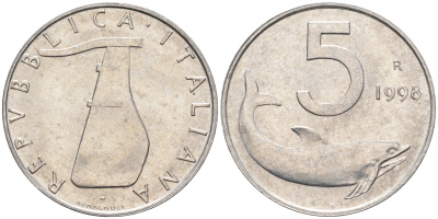 Италия 5 лир 1998 R, дельфин KM 92 алюминий  UNC  4594-1026