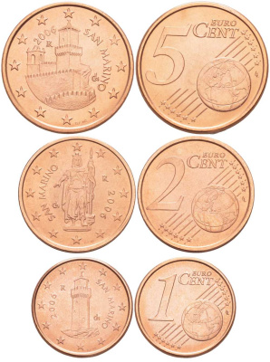 Сан-Марино лот из 3 монет 2006 1,2 и 5 евроцентов сталь плакированная медью UNC N4-65