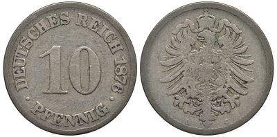 ГЕРМАНИЯ 10 ПФЕННИГОВ 1876 C, СТАРОГЕРБОВКА KM 4, Jager 4, Weege 7 медно-никель 4546-1133