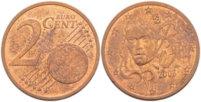 Франция 2 евроцента 2006 KM 1283 сталь плакированная медью 216-1213