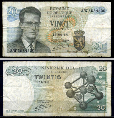Бельгия 20 франков 1964 Бодуэн I, атомиум, Kestens Pick 138 (3) бумага 6299-29-2-2