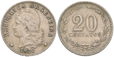 Аргентина 20 сентаво 1920 KM 36 медно-никель 4621-1062