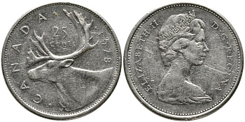 КАНАДА 25 ЦЕНТОВ 1978 ЕЛИЗАВЕТА II (1952-), ОЛЕНЬ, ВТОРОЙ ПОРТРЕТ В КОРОНЕ KM 62b никель 4543-741