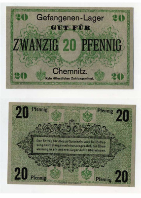 ГЕРМАНИЯ 20 ПФЕННИГОВ ND ЛАГЕРЬ ВОЕННОПЛЕННЫХ В КЕМНИЦЕ C-2814 бумага UNC (пресс) 504-80-3-2